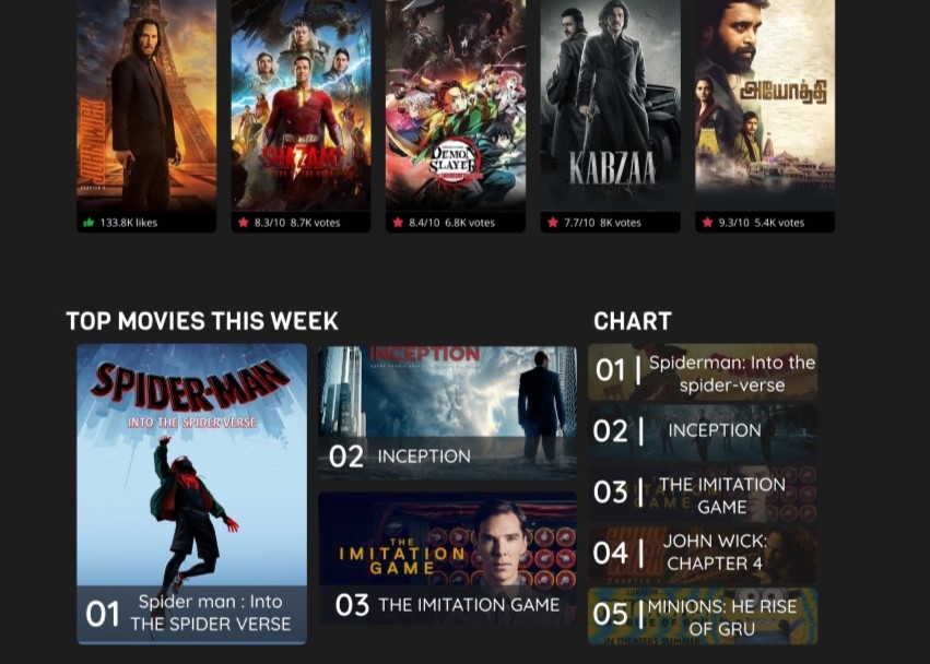 screenshot of video player app with grid of thumbnails of movies and TV shows